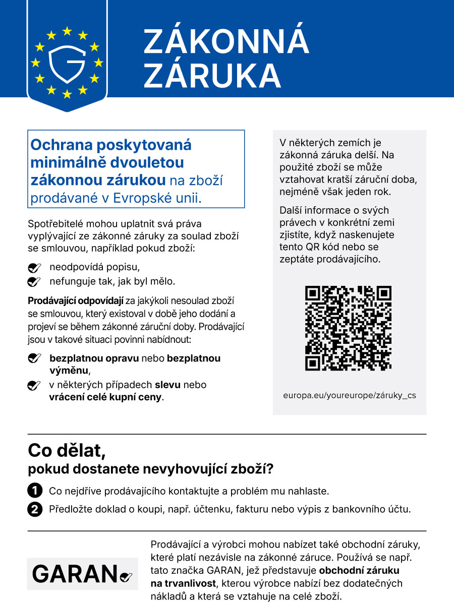 Informace pro spotřebitele o právech vyplývajících ze zákonné záruky na zboží prodávané v Evropské unii.