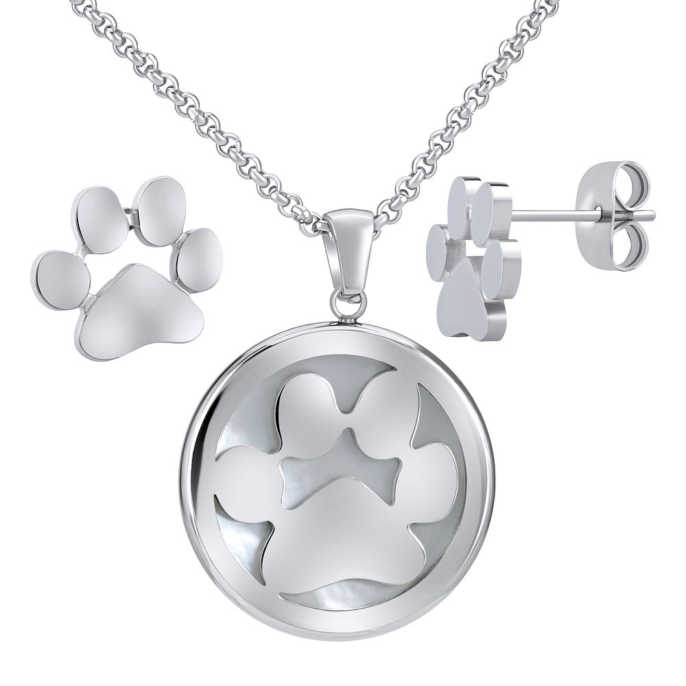 Set přívěsku, řetízku a náušnic tlapka - stopa KMM127856S