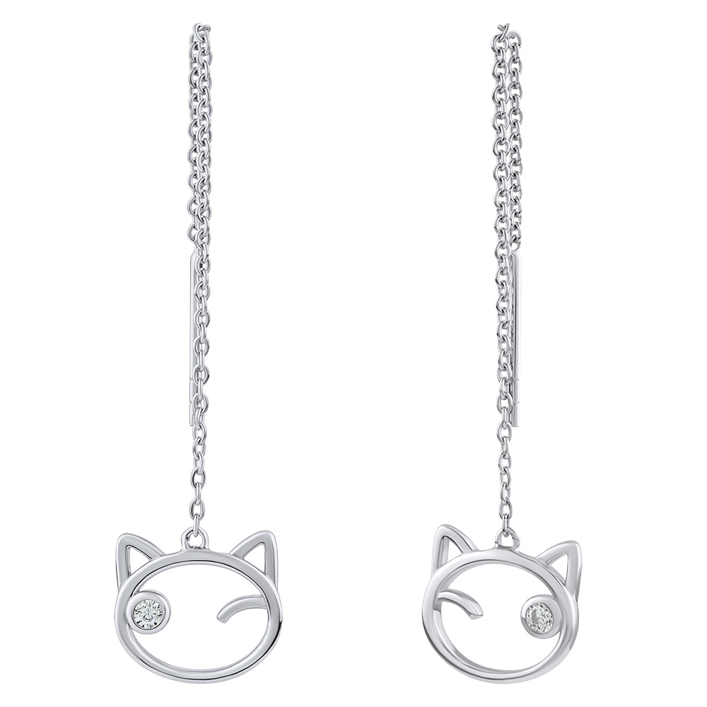 Stříbrné provlékací náušnice kočka Betty s čirým Brilliance Zirconia MW15320E