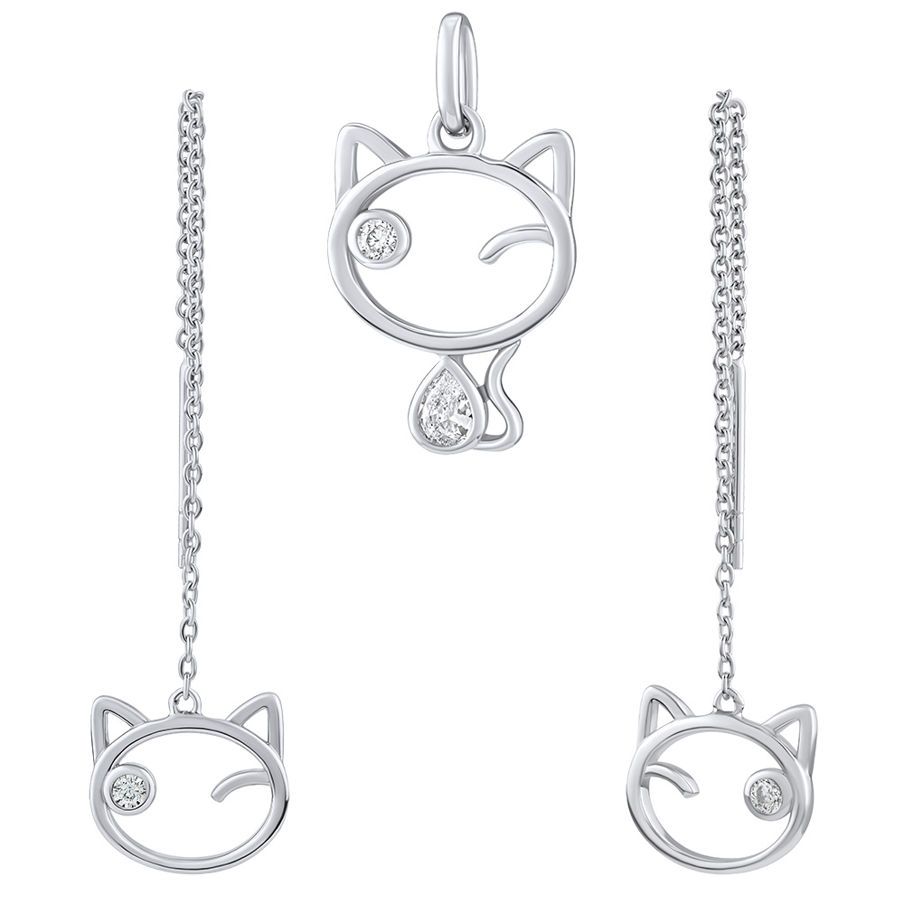 Stříbrný set šperků kočka Betty s čirými Brilliance Zirconia - náušnice a přívěsek MW15320S