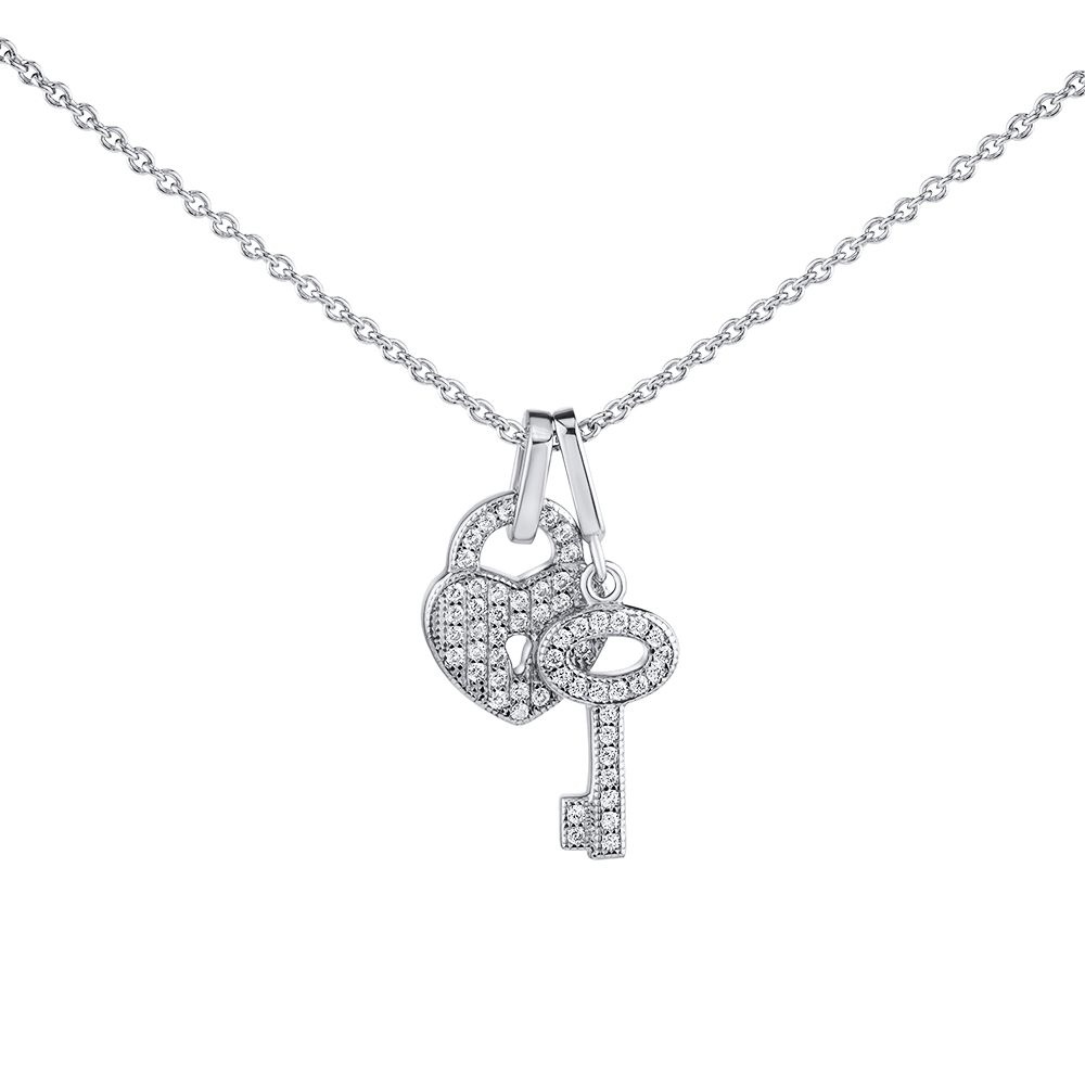 Stříbrný náhrdelník s přívěskem zámek srdce a klíč Mercie s Brilliance Zirconia MW01065N