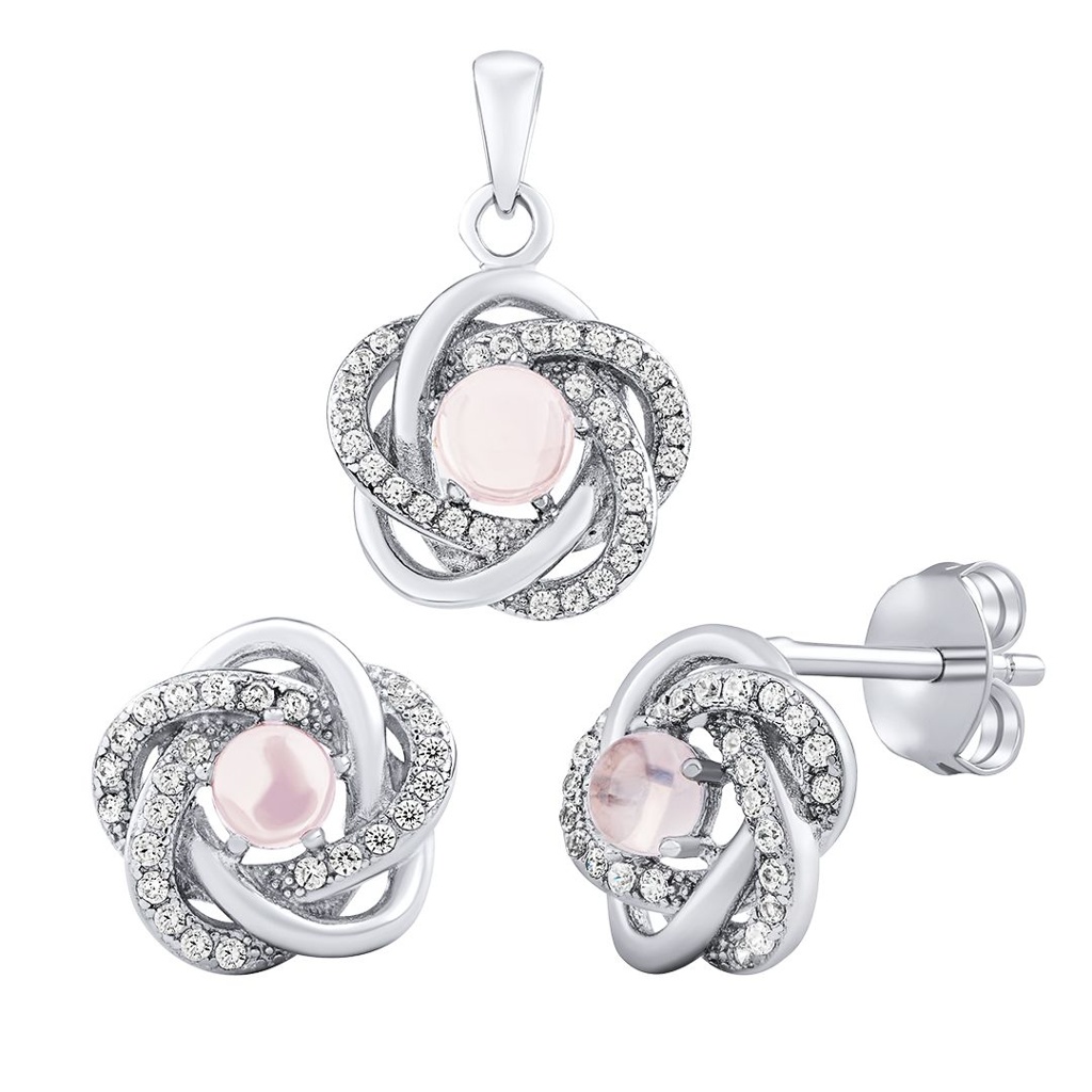 Stříbrný set šperků ROSALYN - náušnice a přívěsek s pravým Růženínem a Brilliance Zirconia JJJS0088RO