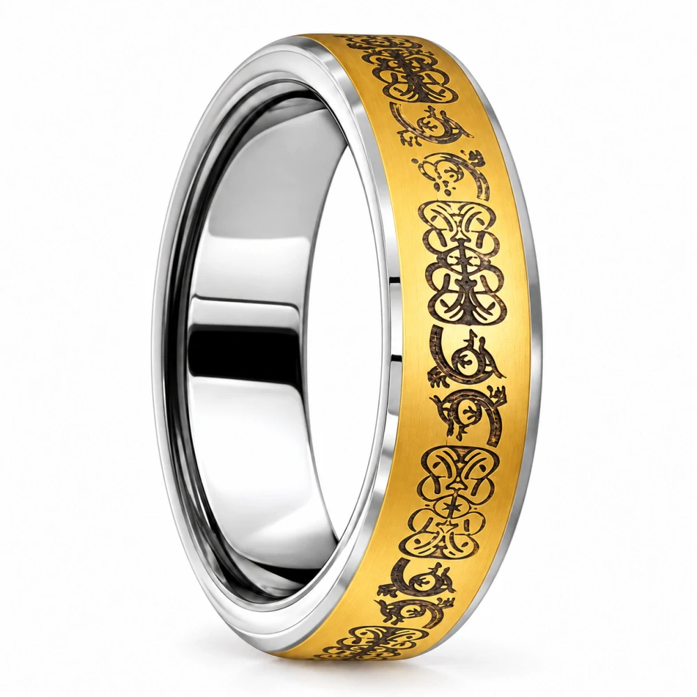Elegantní wolframový prsten se zlatým pruhem a ornamenty