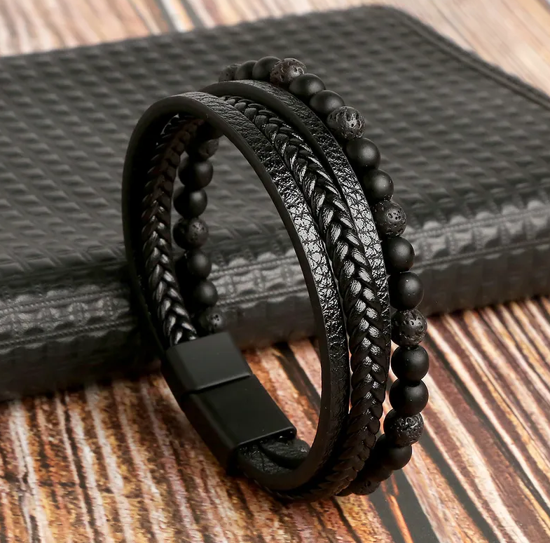 Kožený náramek Patchwork z kůže s korálky