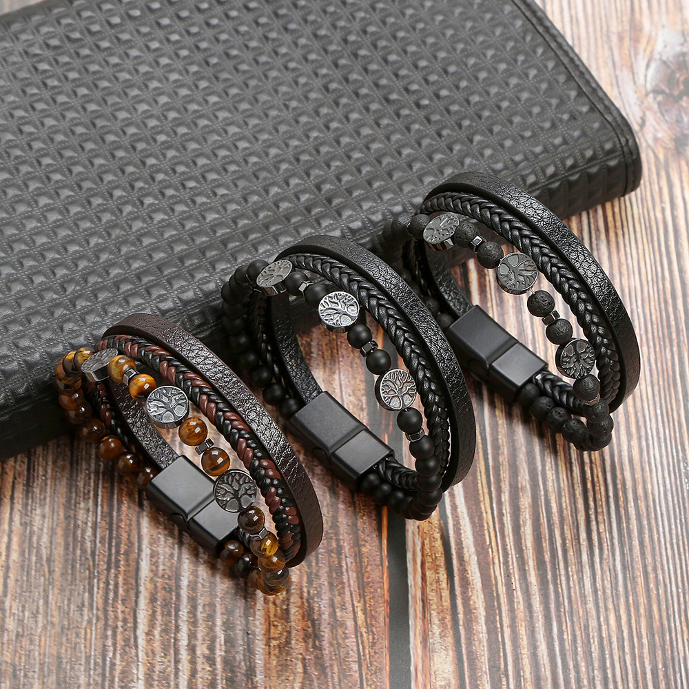 Kožený náramek Patchwork z kůže strom života