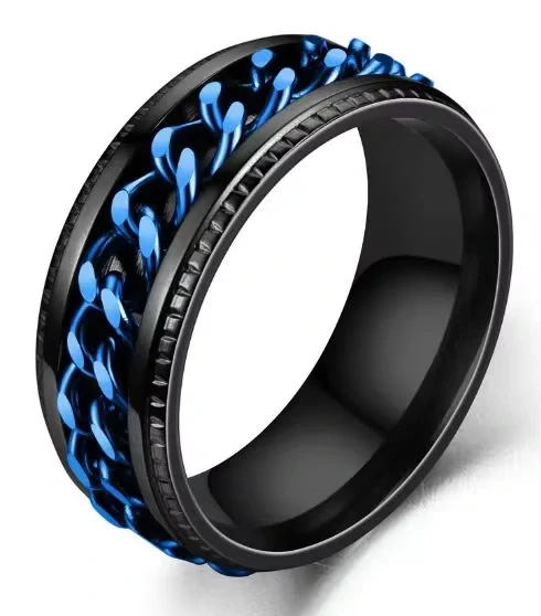 Prsten z chirurgické oceli s modrým řetězem