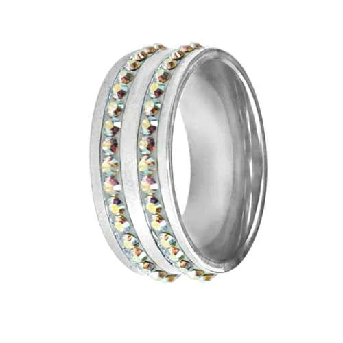 Prsten Tribal z chirurgické oceli se Swarovski krystaly – stříbrný/duhový, 8 mm