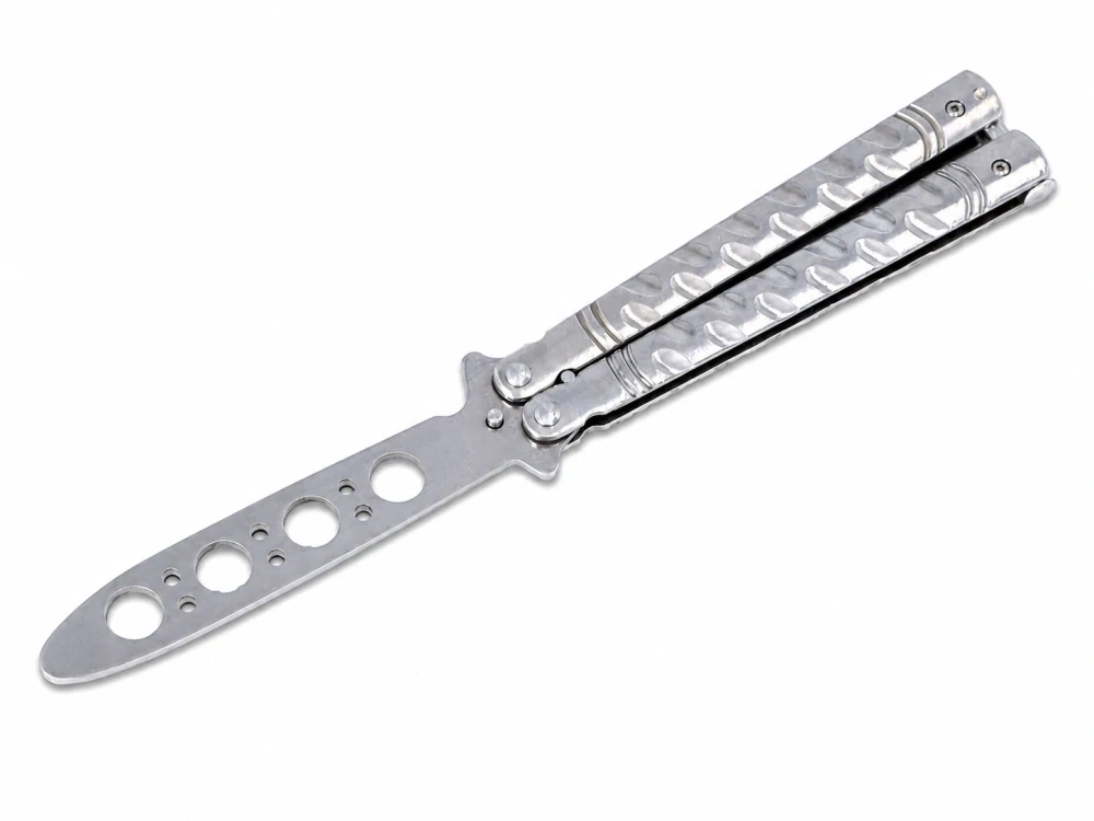 Stříbrný cvičný nůž balisong – tréninkový motýlek