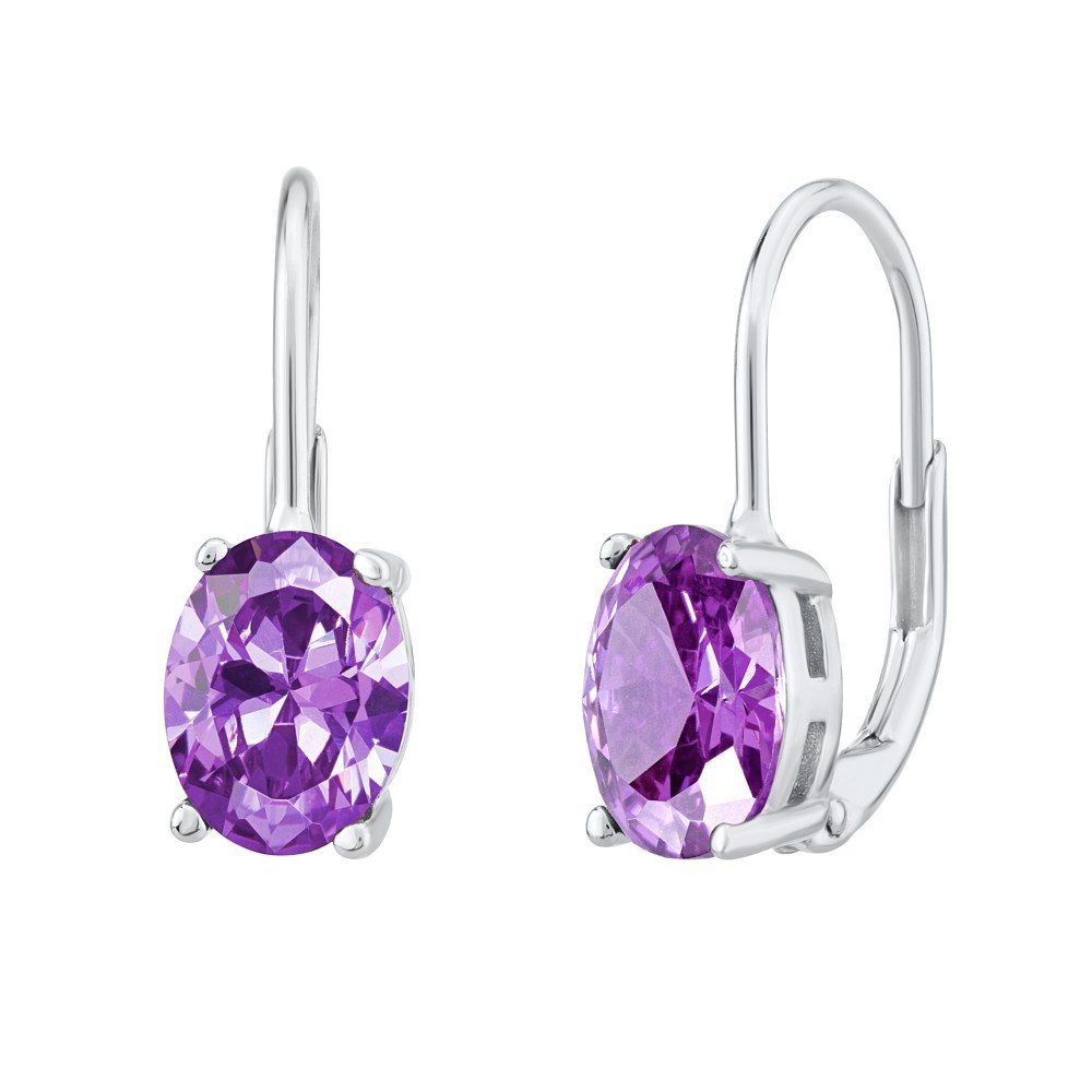Stříbrné náušnice s oválným syntetickým ametystem