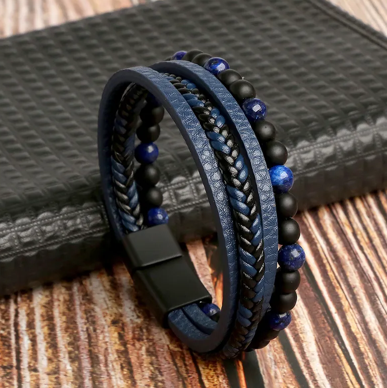 Kožený náramek Patchwork z kůže s korálky
