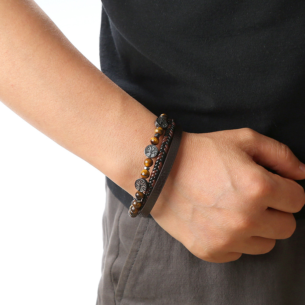 Kožený náramek Patchwork z kůže strom života