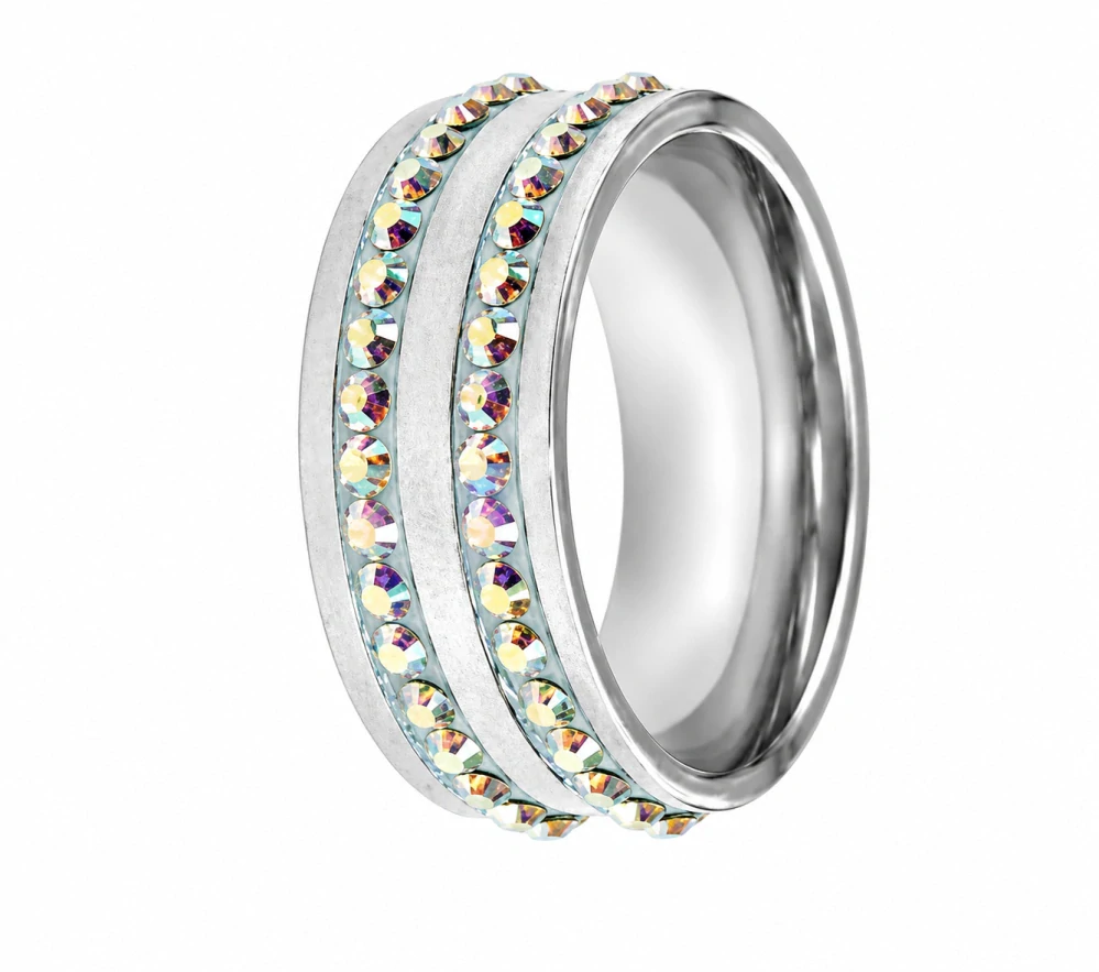 Prsten Tribal z chirurgické oceli se Swarovski krystaly – stříbrný/duhový, 8 mm
