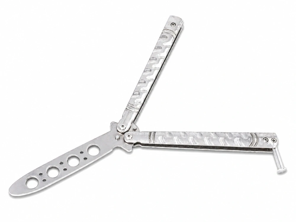 Stříbrný cvičný nůž balisong – tréninkový motýlek