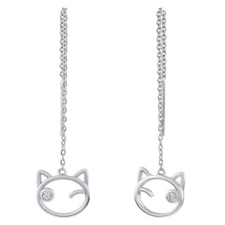 Stříbrné provlékací náušnice kočka Betty s čirým Brilliance Zirconia MW15320E