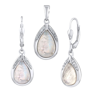 Stříbrný set šperků s pravým Měsíčním kamenem a Brilliance Zirconia - náušnice a přívěsek JST13327SMS